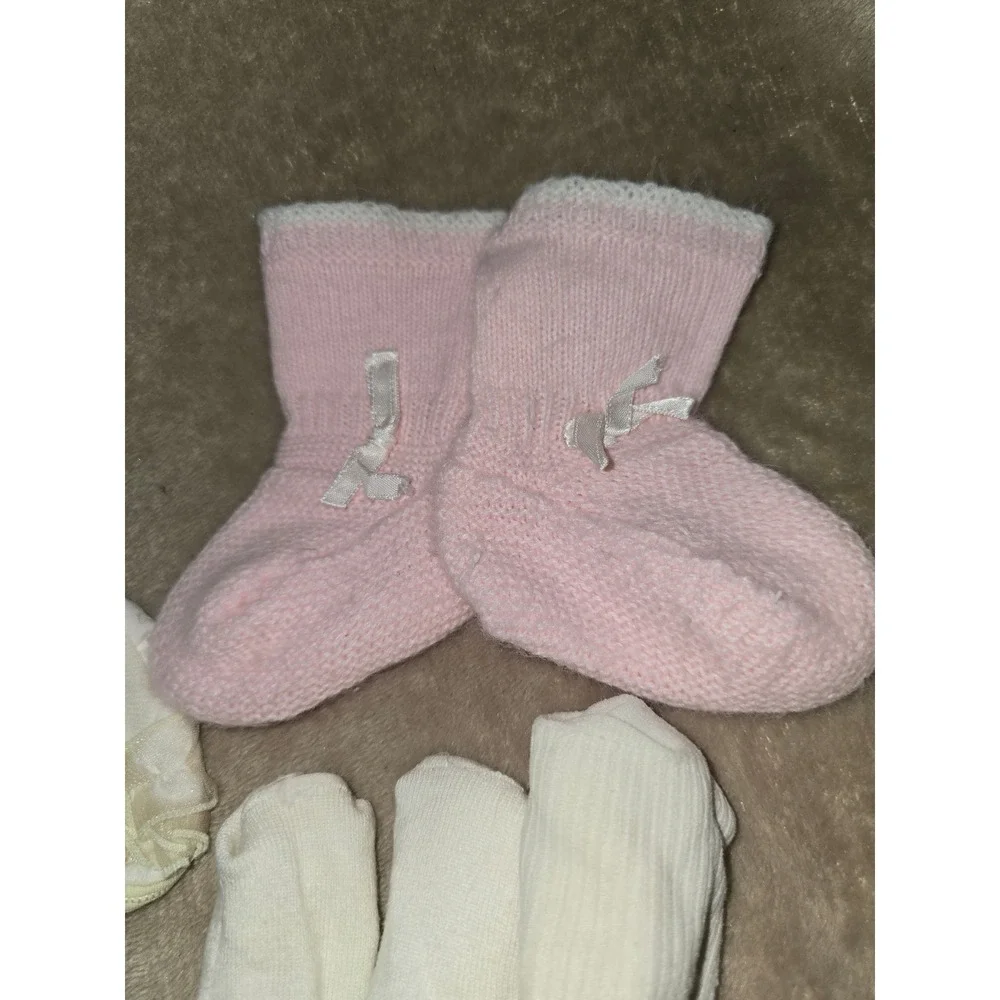 Vintage Baby Booties Mittens Socks Set, Knit Lace Ruffle 7 pairs
